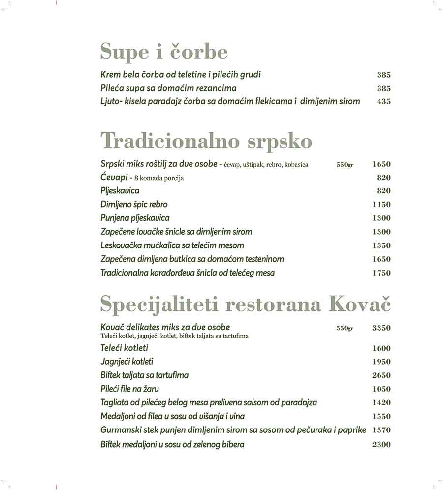 Restoran Kovač menu